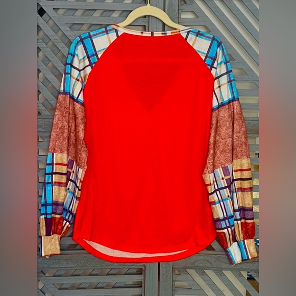 Orange Plaid Long Sleeve V-Neck Blouse - Picture 2 of 5